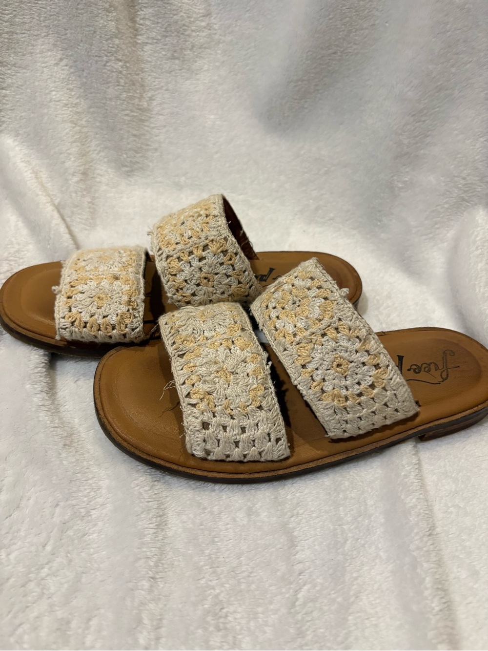 Free People Crochet Double-Strap Slide Sandals in Cream